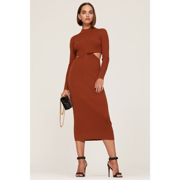 Ronny Kobo Opal Baked Clay Ribbed Knit Long Sleeve Cut Out Maxi Dress Size XS